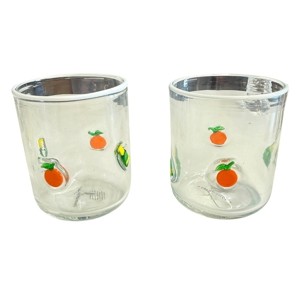 Anthropologie Juice Glasses Set of 2 Clear Orange Fruit 3D Applique Excellent